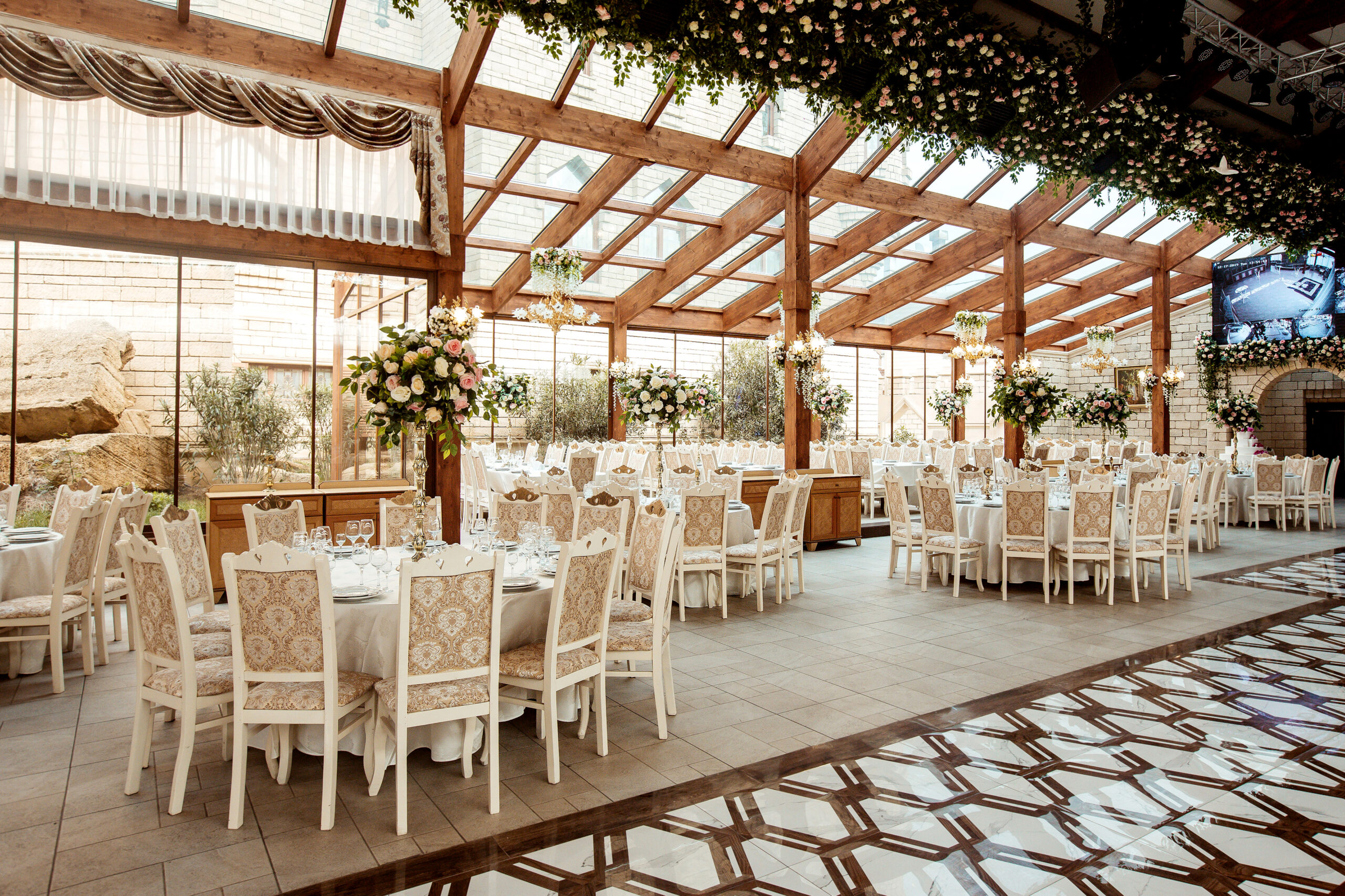 restaurant hall ornated with flowers